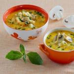 Soup with mushrooms and melted cheese